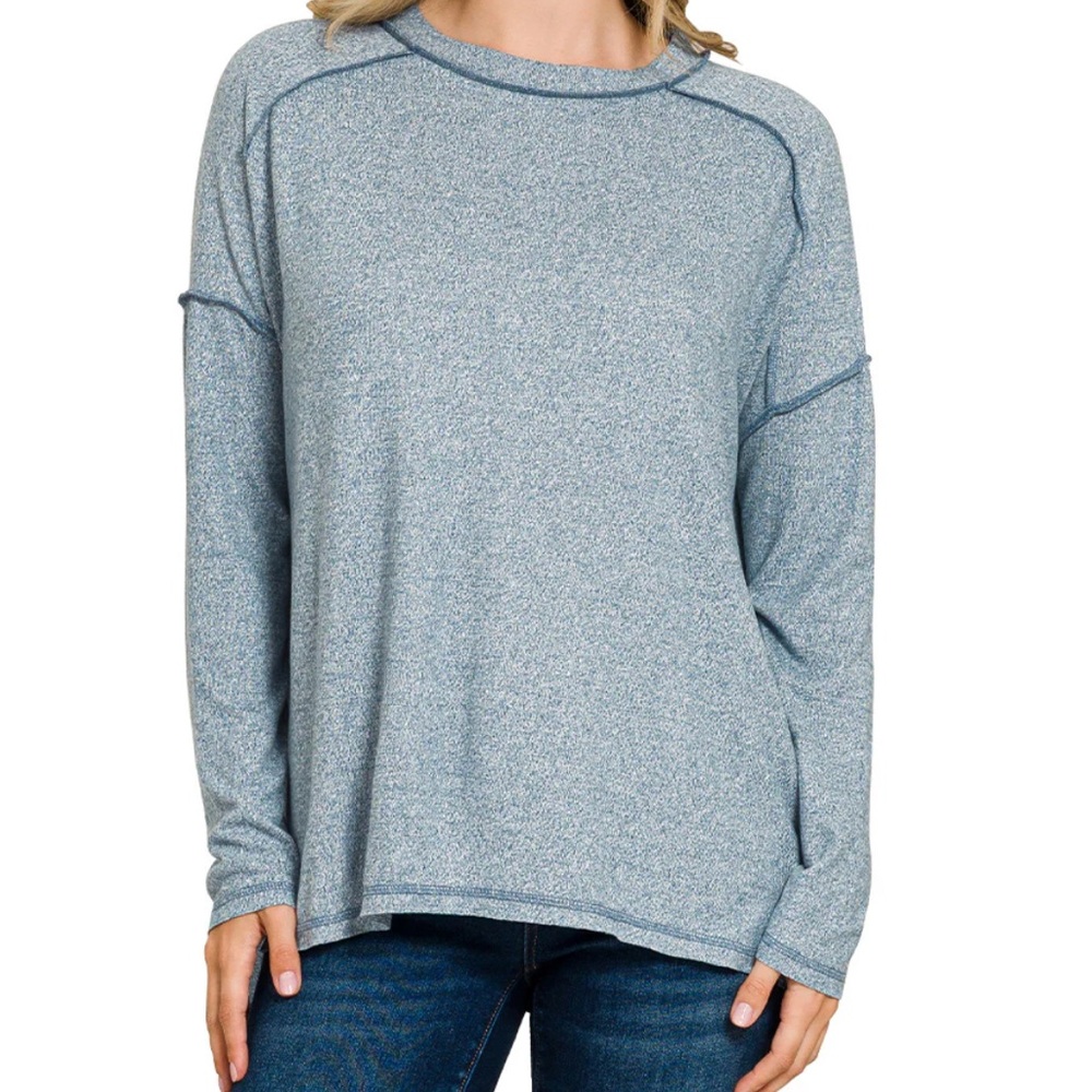 Zenana Kendra Heather Blue Long Sleeve Hacci Top